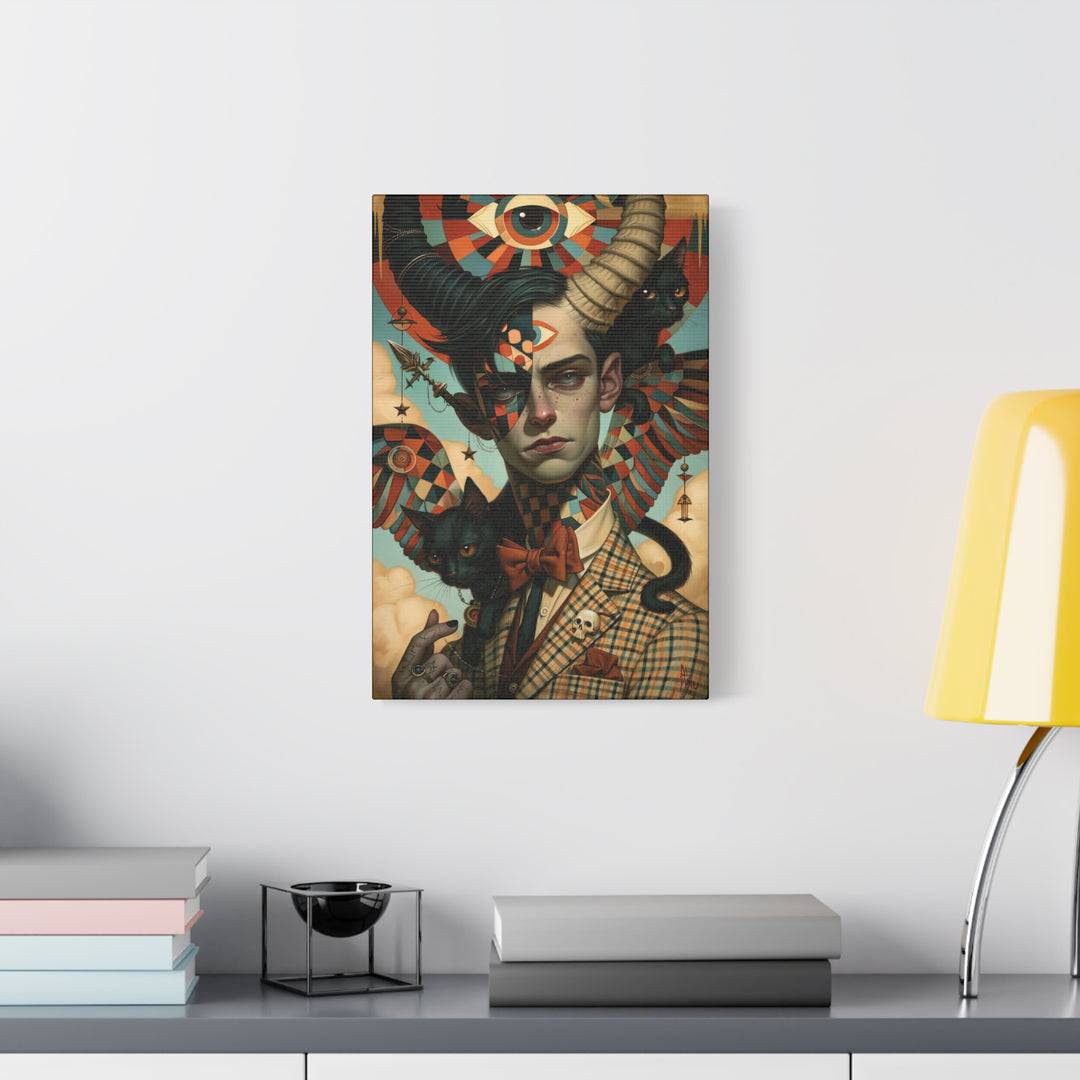 Surreal Gentleman Portrait Matte Canvas Wall Art — Horned Man with Black Cats