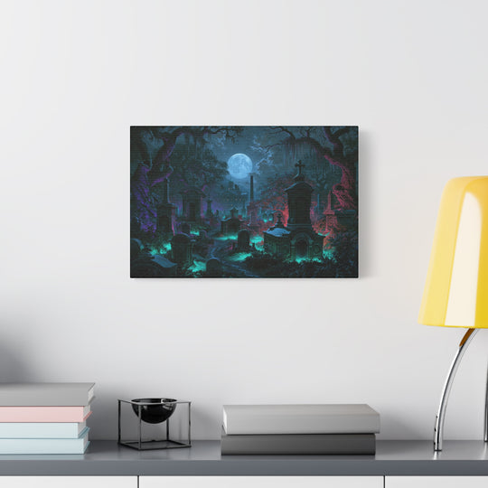 Haunted Crypts Spooky Night Cemetery Print Matte Stretched Canvas Wall Art