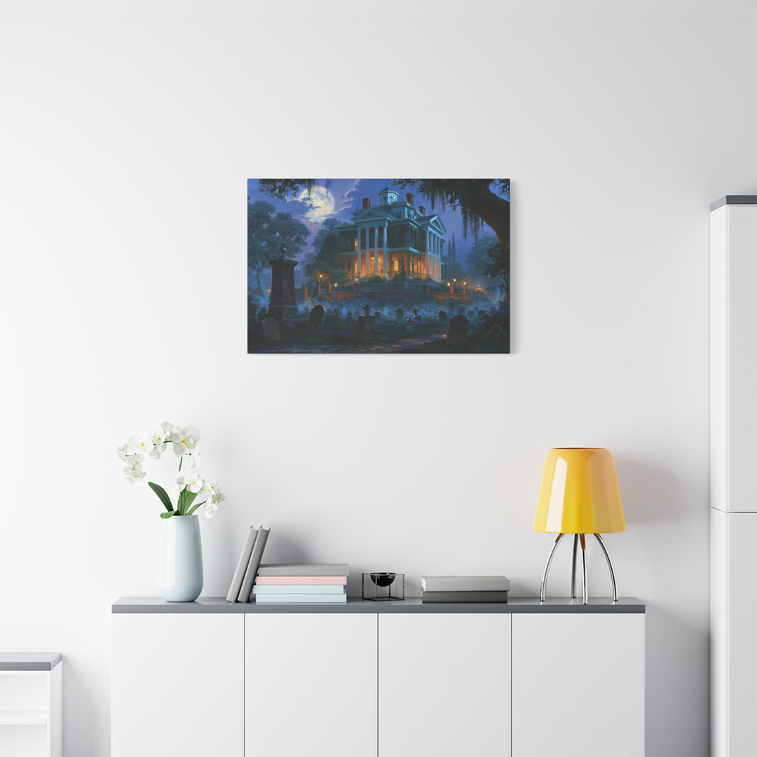 Haunted Southern Mansion Matte Canvas Wall Art — Spooky Night Cemetery Print Matte Stretched Canvas Wall Art