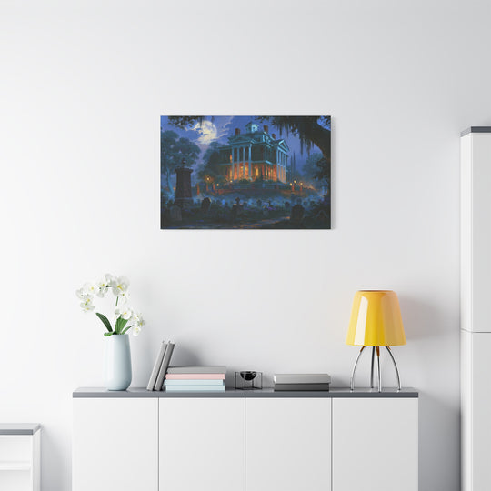 Haunted Southern Mansion Matte Canvas Wall Art — Spooky Night Cemetery Print Matte Stretched Canvas Wall Art