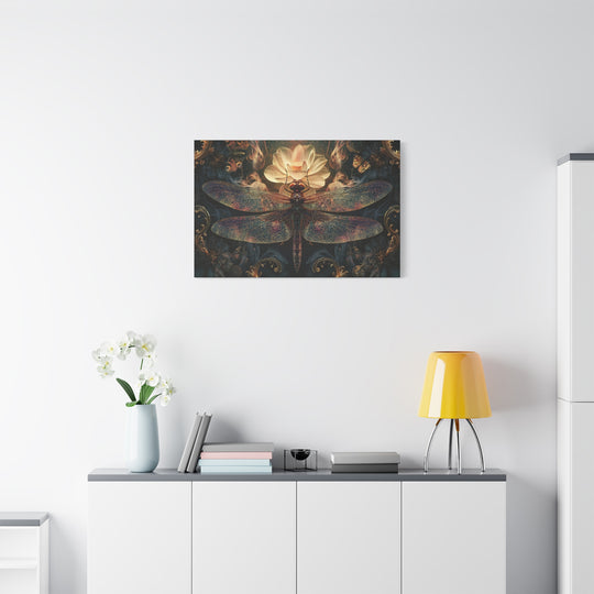 Dragonfly With Glowing Lotus &amp; Flora Canvas Wall Art