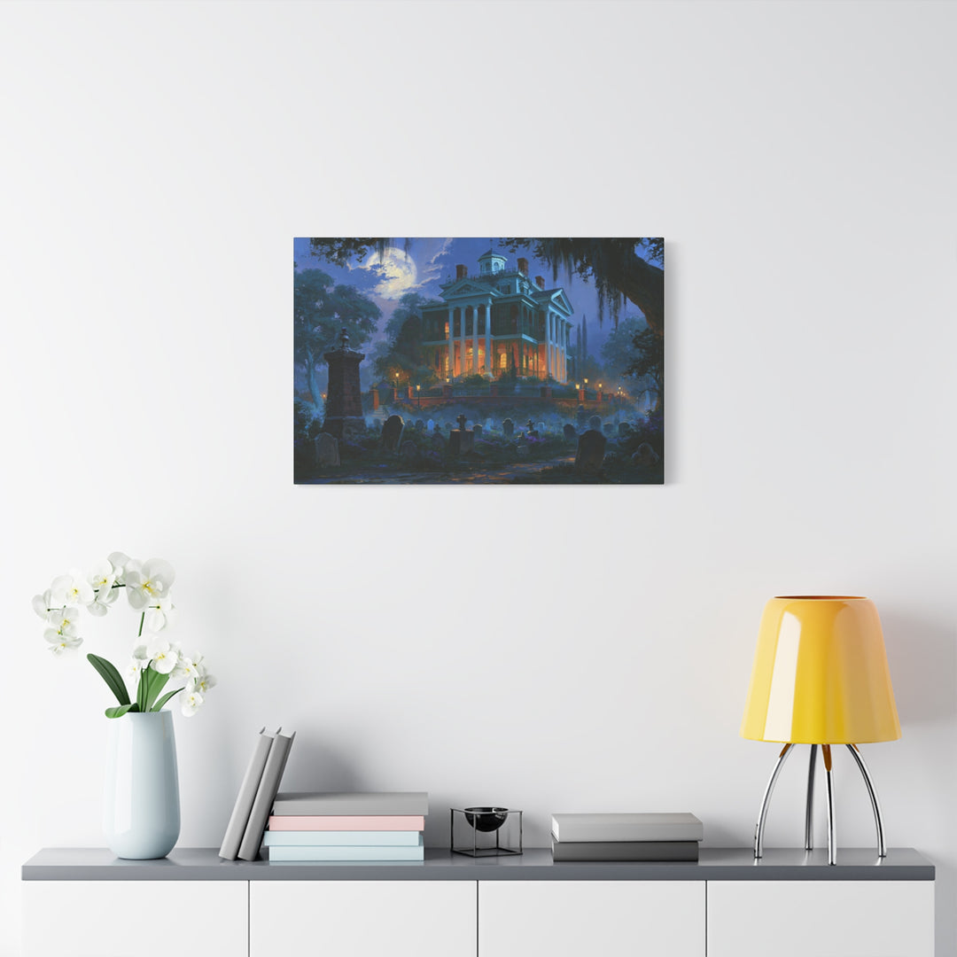 Haunted Southern Mansion Matte Canvas Wall Art — Spooky Night Cemetery Print Matte Stretched Canvas Wall Art