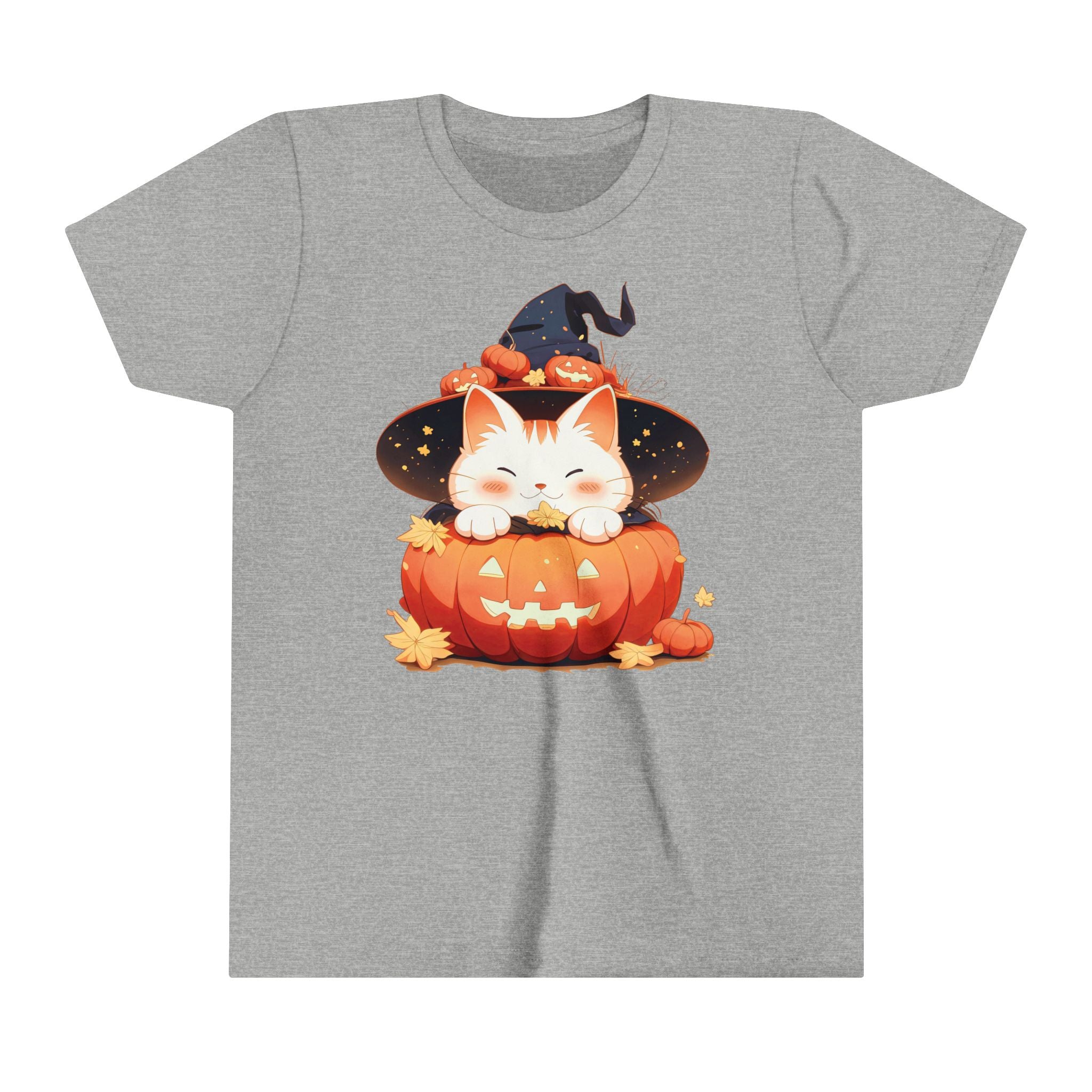 Cute Kitty Pumpkin Witch Girls Halloween Short Sleeve Tee