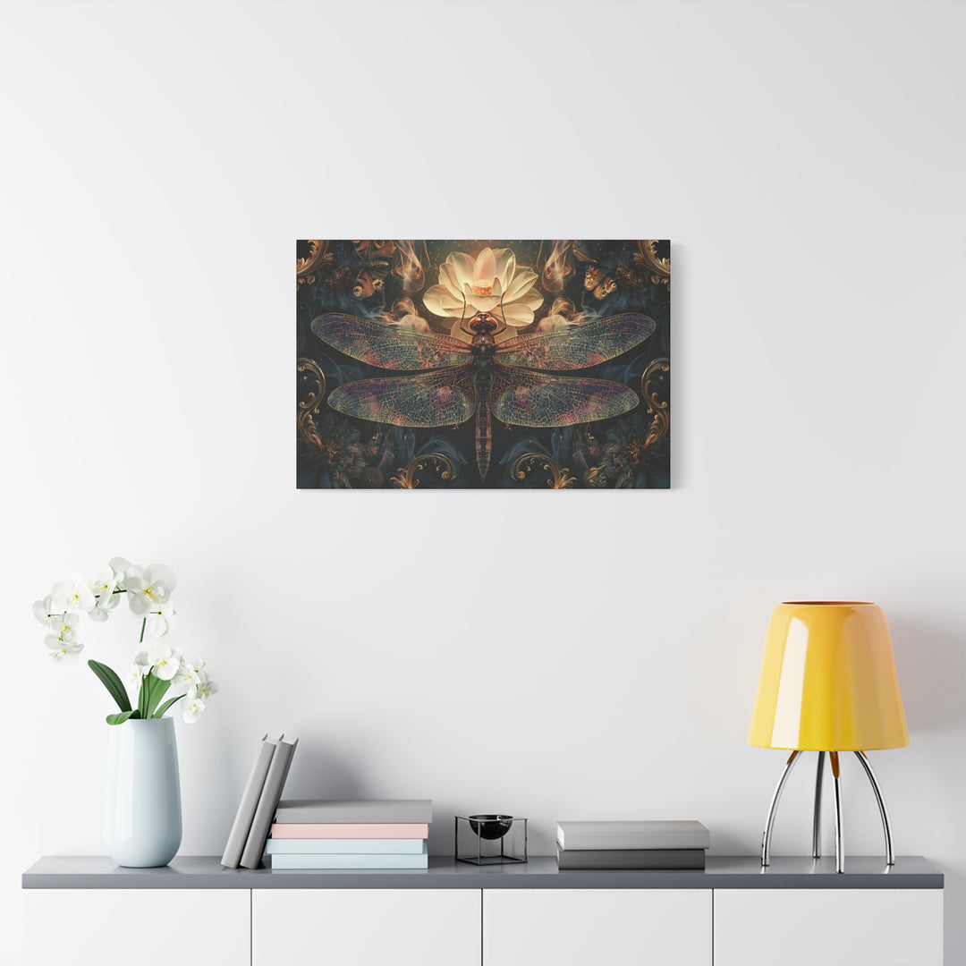 Dragonfly With Glowing Lotus &amp; Flora Canvas Wall Art
