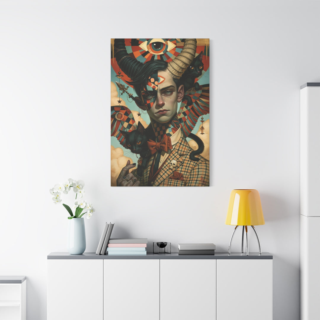 Surreal Gentleman Portrait Matte Canvas Wall Art — Horned Man with Black Cats