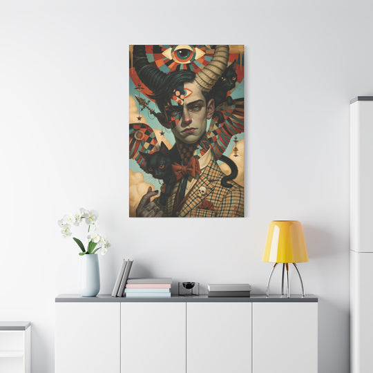 Surreal Gentleman Portrait Matte Canvas Wall Art — Horned Man with Black Cats