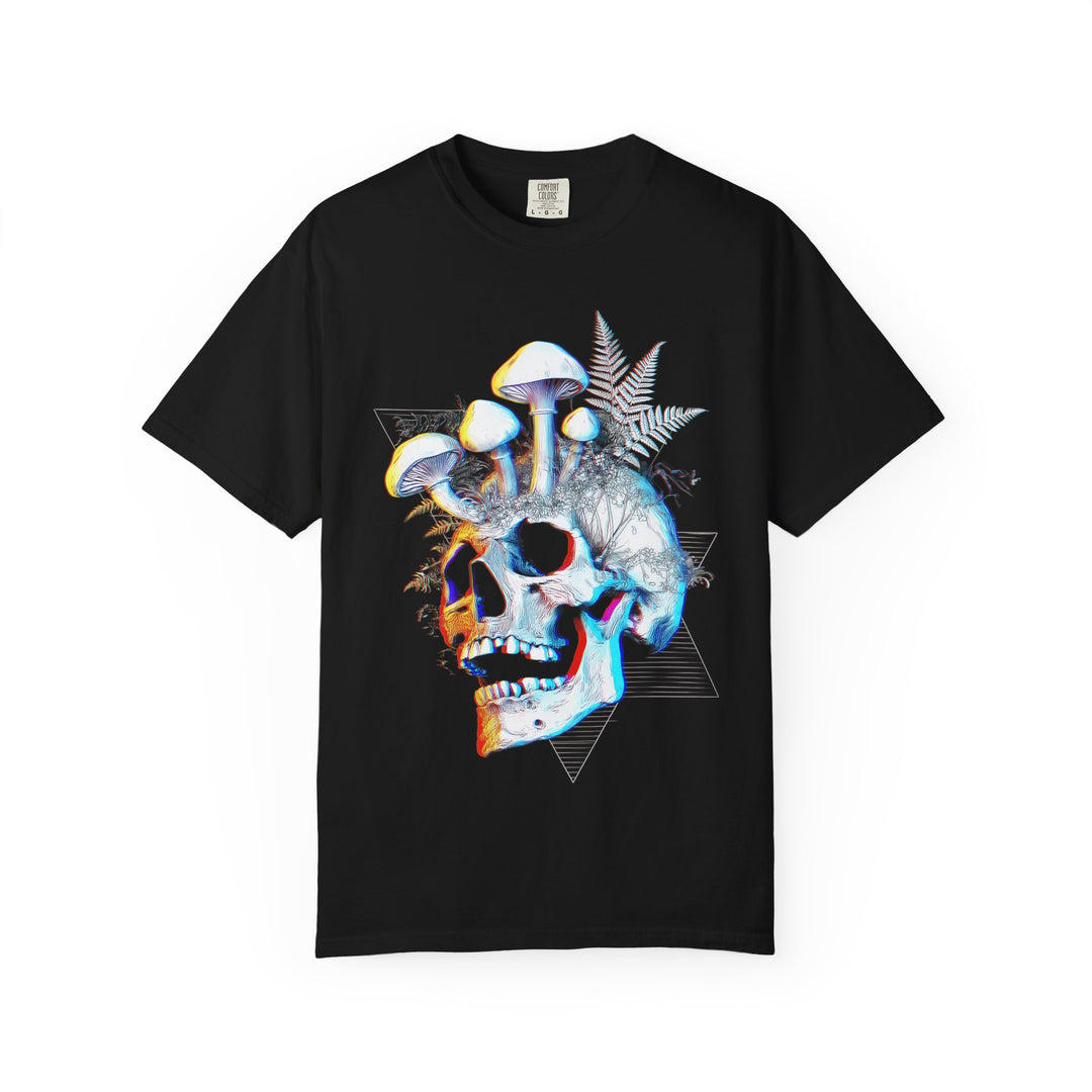 Skull &amp; Mushroom Graphic Tee — Psychedelic Botanical Skull  Mens ATOMYK Skull Short Sleeve Tee