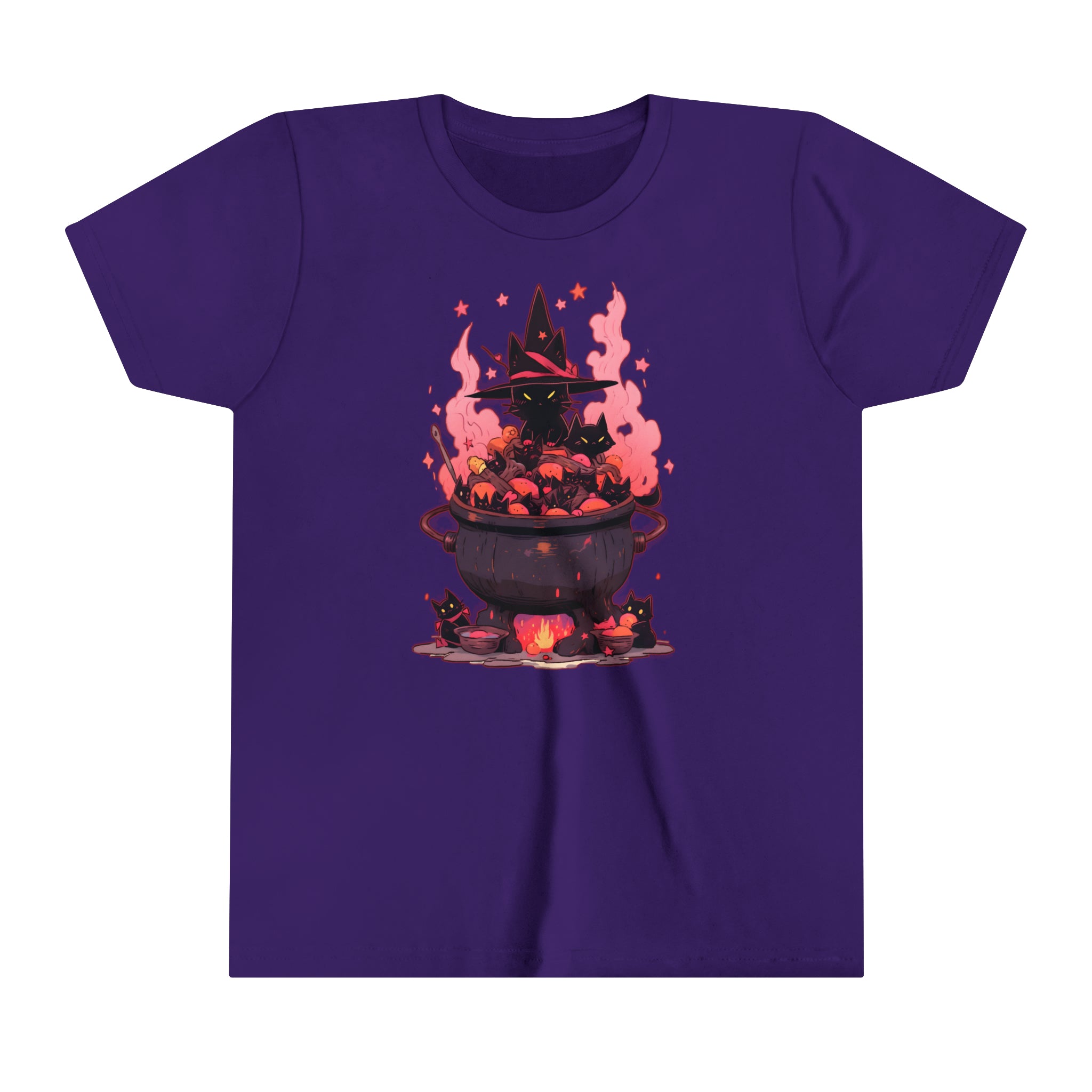 Witchy Kitty Cauldron Girls Halloween Short Sleeve Tee