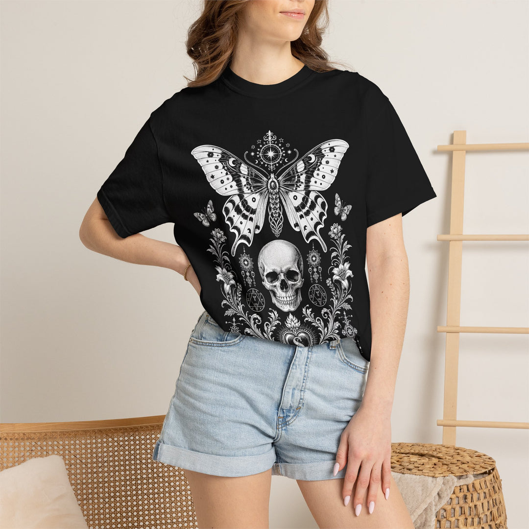 Mystical Skull Flora and Moth Womens WUNDERLAND Backyard Dept Halloween Booteek Short Sleeve Tee