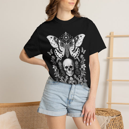 Mystical Skull Flora and Moth Womens WUNDERLAND Backyard Dept Halloween Booteek Short Sleeve Tee