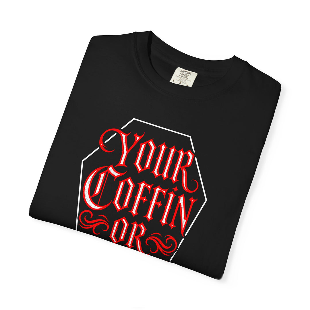 "Your Coffin or Mine?" Gothic Coffin Womens WUNDERLAND Halloween Booteek Short Sleeve Tee