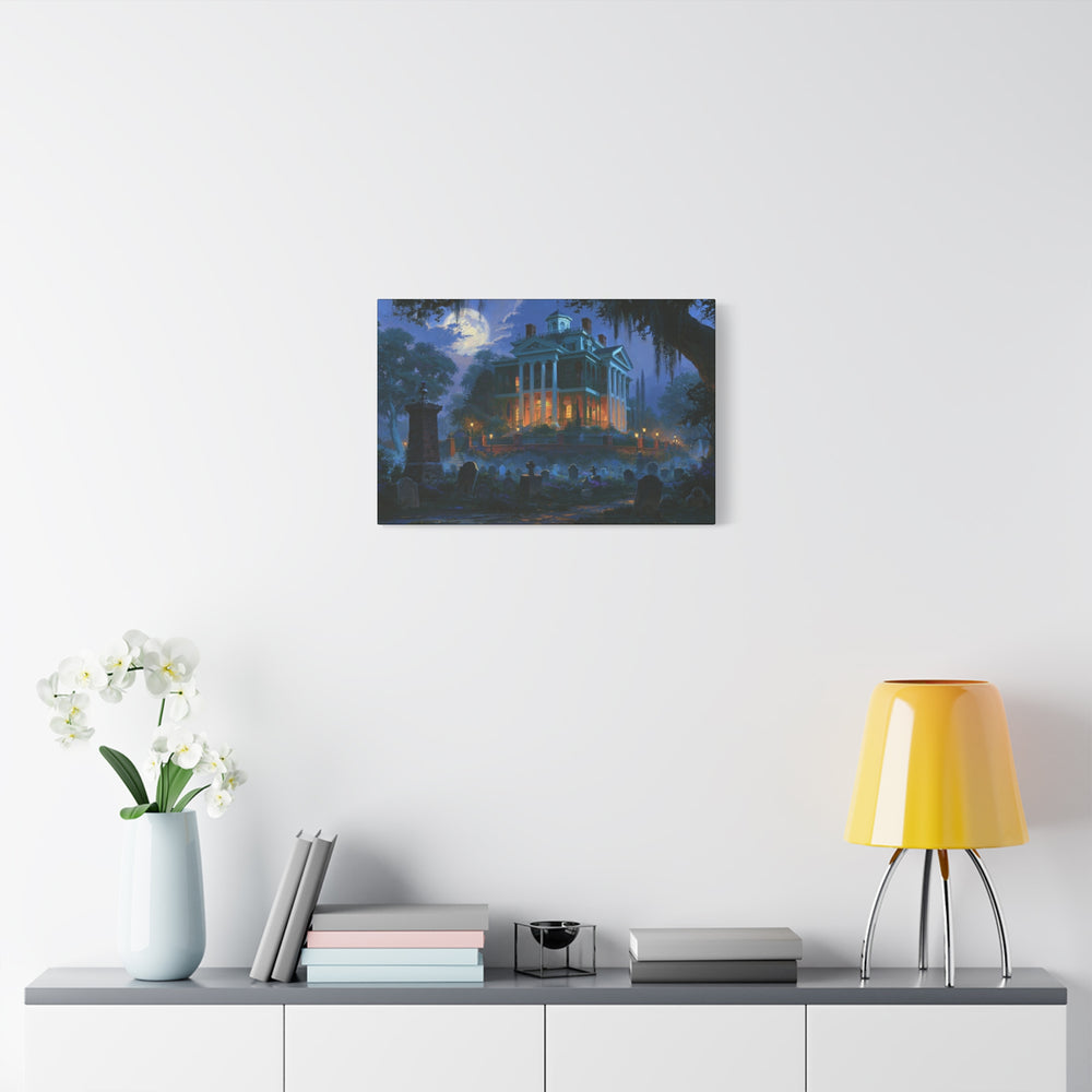 Haunted Southern Mansion Matte Canvas Wall Art — Spooky Night Cemetery Print Matte Stretched Canvas Wall Art