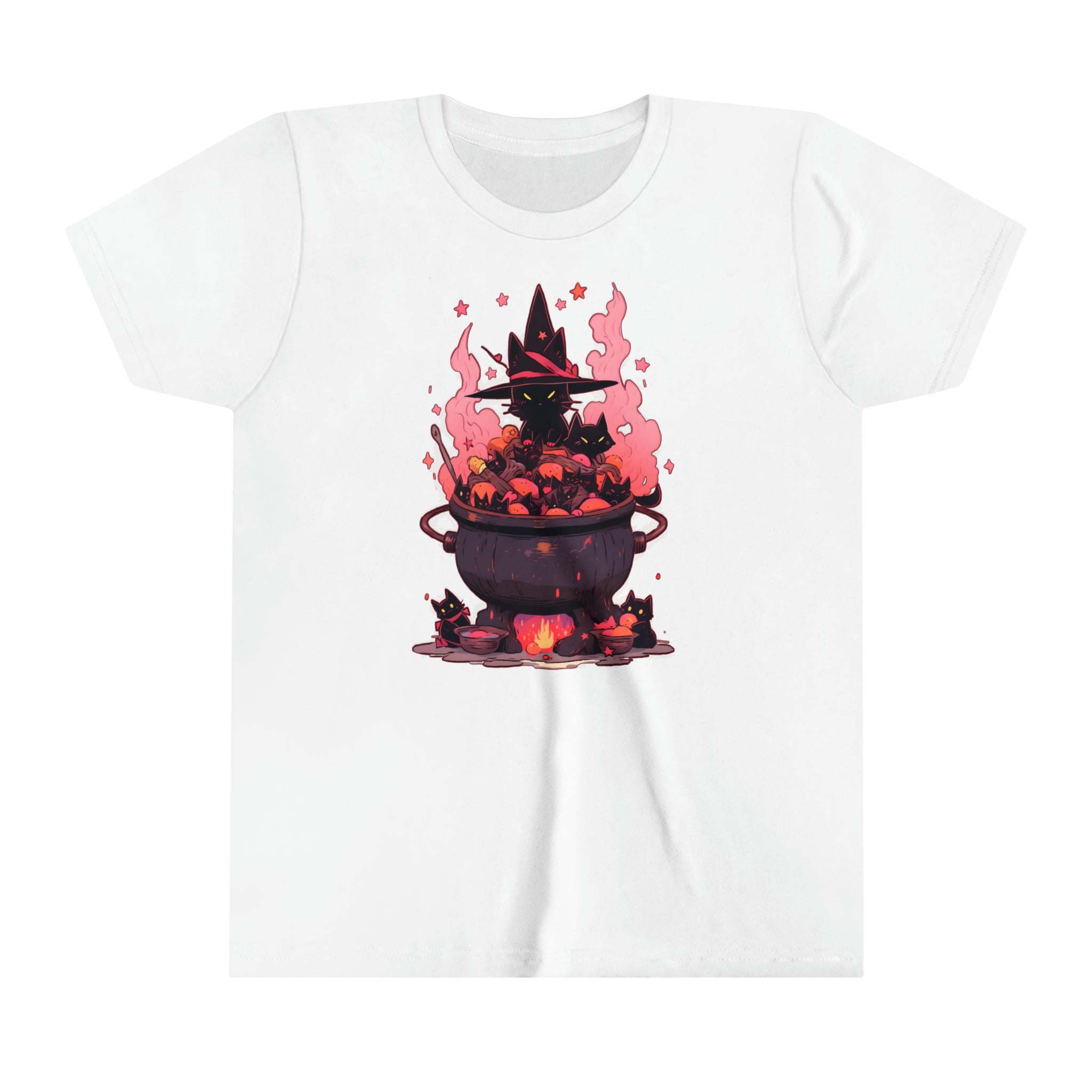 Witchy Kitty Cauldron Girls Halloween Short Sleeve Tee