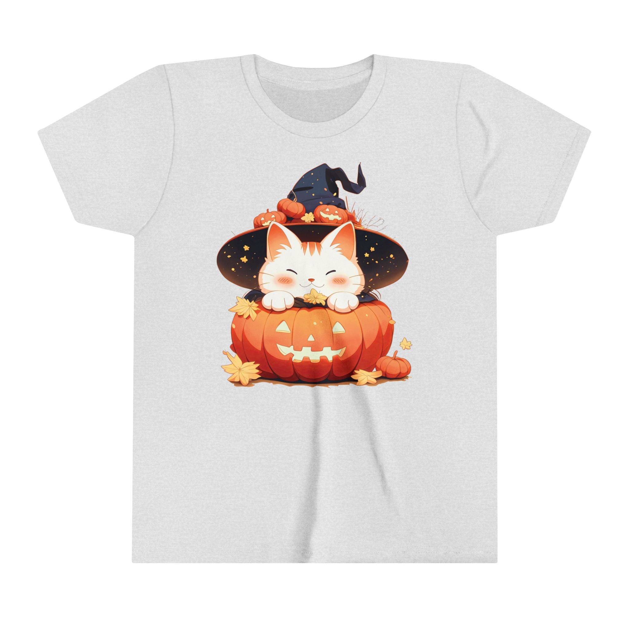 Cute Kitty Pumpkin Witch Girls Halloween Short Sleeve Tee