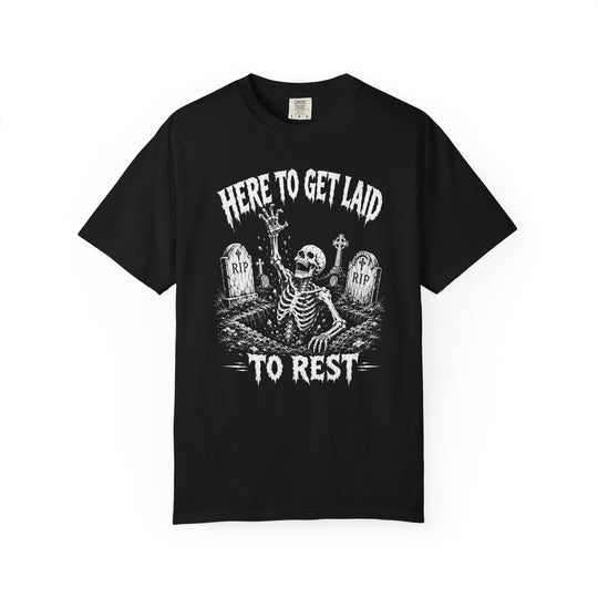 Skeleton Graveyard "Here to Get Laid to Rest"  Mens WUNDERLAND Halloween Booteek Short Sleeve Tee