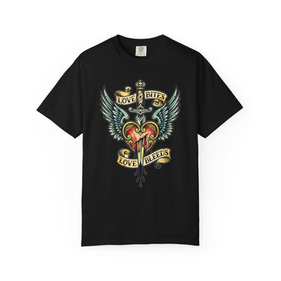Love Bites Heart & Wings Vintage Tattoo Womens L'Atomique Relaxed Fit Comfort Colors Graphic Tee