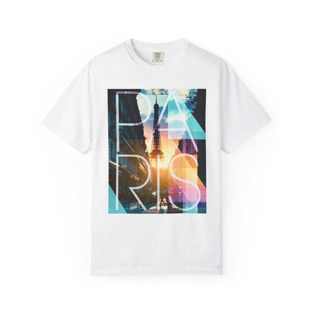 Paris Sunset Geo Eiffel Photo Womens L'Atomique Relaxed Fit Comfort Colors Graphic Tee
