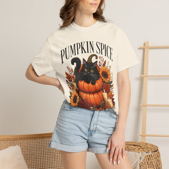 Pumpkin Spice &amp; Everything Nice Foral Cat Womens WUNDERLAND Backyard Dept Halloween Booteek Short Sleeve Tee
