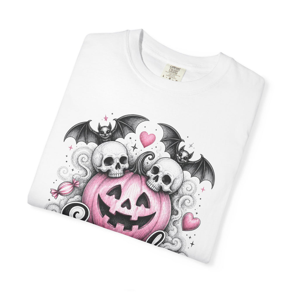 Spooky Vibes Only Pink Pumpkin Skull & Bats Womens WUNDERLAND Halloween Short Sleeve Tee