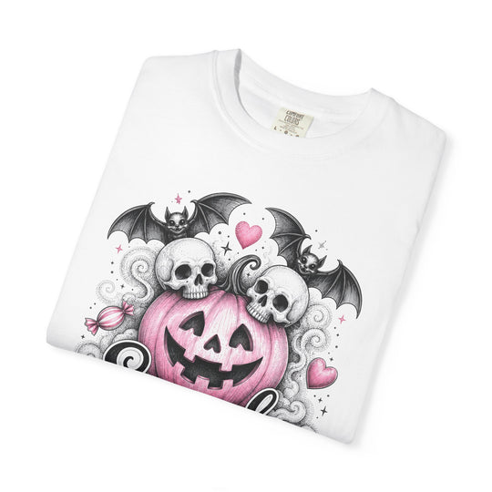 Spooky Vibes Only Pink Pumpkin Skull &amp; Bats Womens WUNDERLAND Halloween Short Sleeve Tee