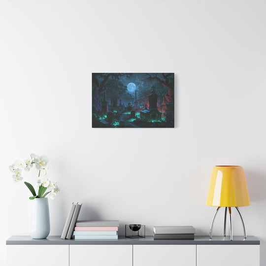 Haunted Crypts Spooky Night Cemetery Print Matte Stretched Canvas Wall Art