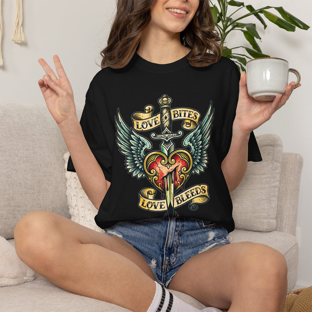 Love Bites Heart & Wings Vintage Tattoo Womens L'Atomique Relaxed Fit Comfort Colors Graphic Tee