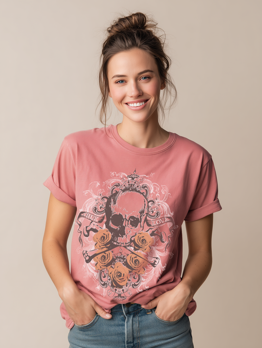 True Love Skull & Roses Vintage Womens L'Atomique Relaxed Graphic Short Sleeve Tee