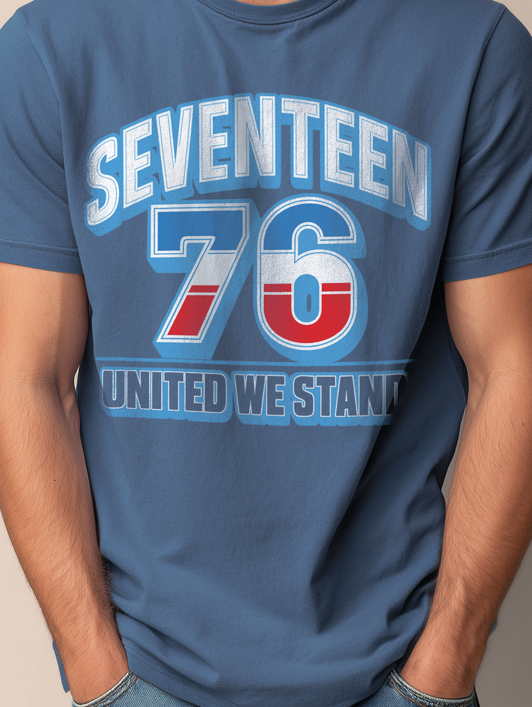 SEVENTEEN 76 UNITED WE STAND 4th of July Liberty George Washington Mens WUNDERLAND Backyard Dept Short Sleeve Tee