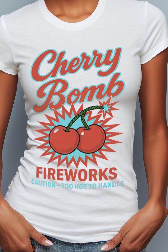Cherry Bomb Fireworks 4th of July Liberty Womens L'Atomique Backyard Dept Boyfriend Graphic Tee