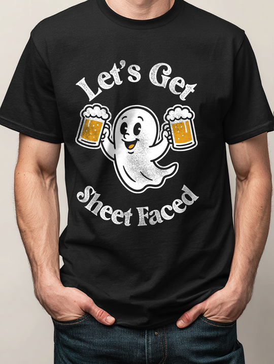 Let's Get Sheet Faced Ghost Beer Mens WUNDERLAND Backyard Dept Halloween Booteek 25 Short Sleeve Tee