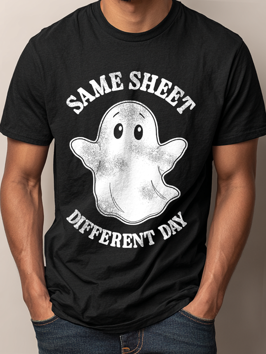 Same Sheet Different Day Ghost Mens WUNDERLAND Backyard Dept Halloween Booteek 25 Short Sleeve Tee