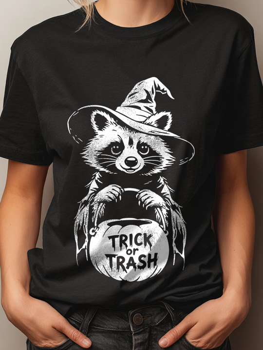 Trick Or Trash Raccon Witch Womens WUNDERLAND Backyard Dept Halloween Booteek Short Sleeve Tee