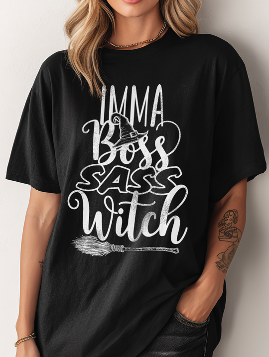 Imma Boss Sass Witch Stacked Type Womens WUNDERLAND Backyard Dept Halloween Booteek Short Sleeve Tee
