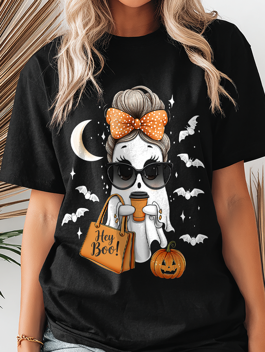 Hey Boo Cute Ghost Womens WUNDERLAND Backyard Dept Halloween Booteek Short Sleeve Tee