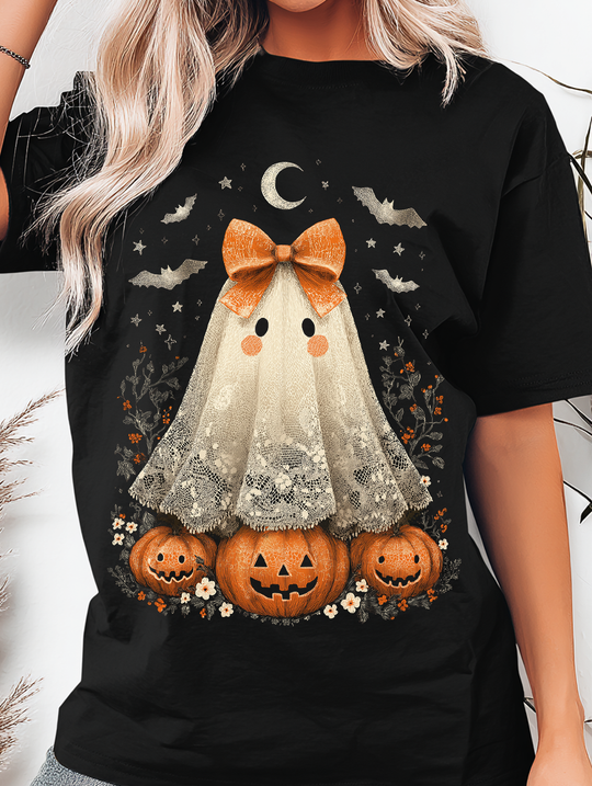Lace Ghost Pumpkin Patch Womens WUNDERLAND Backyard Dept Halloween Booteek Short Sleeve Tee