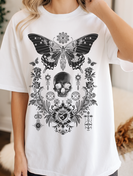 Mystical Skull Flora and Moth Womens WUNDERLAND Backyard Dept Halloween Booteek Short Sleeve Tee