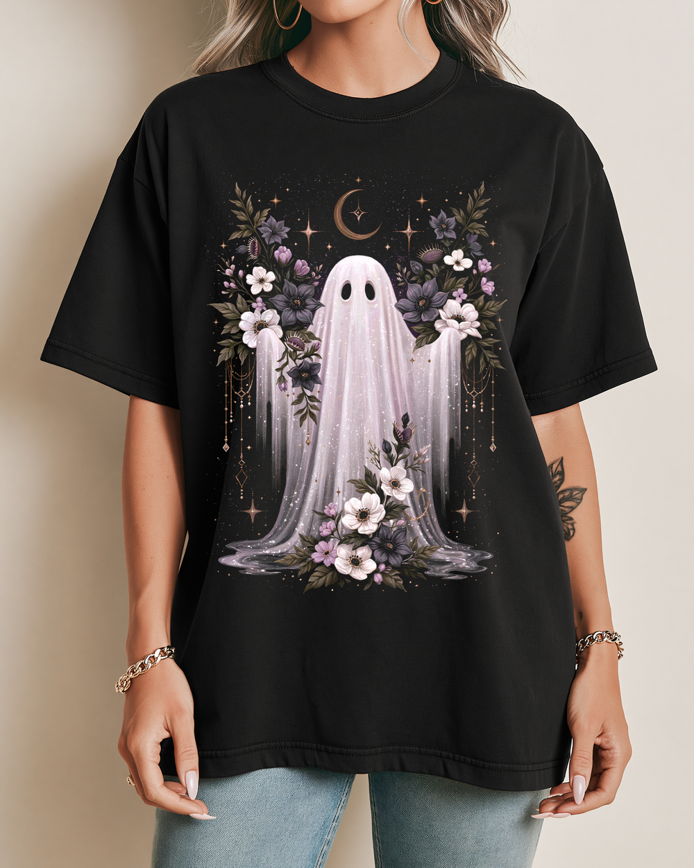 Cute Floral Ghost Crescent Moon Women's Relaxed Fit Halloween Tee