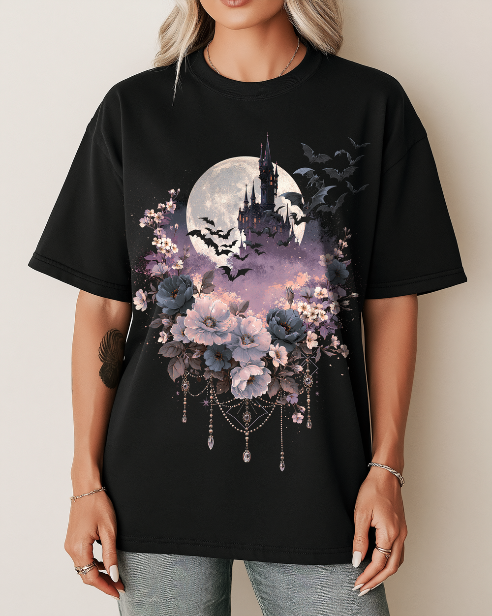 Moonlit Haunted Castle & Bats Floral Women's Relaxed Fit Halloween Tee