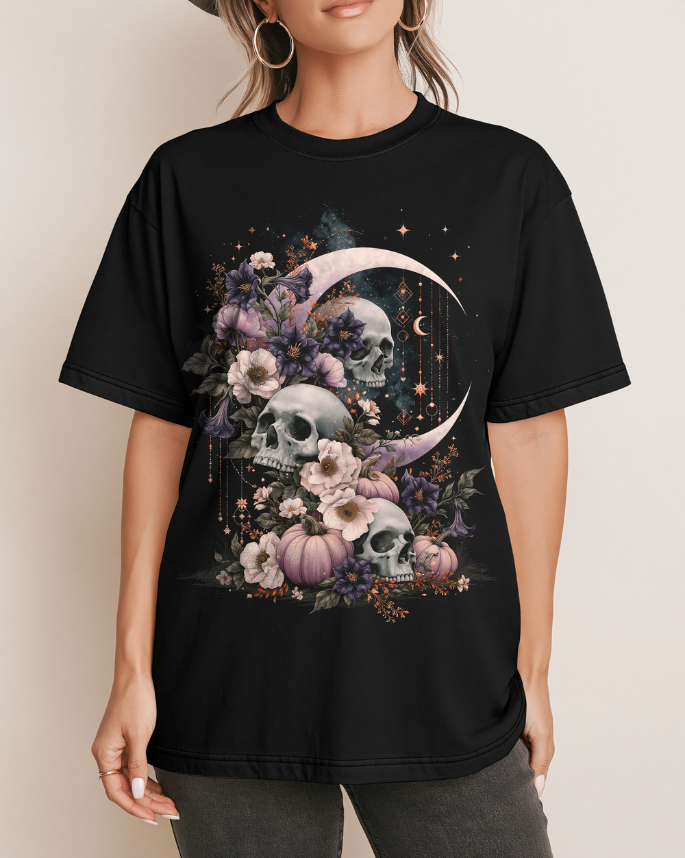Crescent Moon Skulls Floral Pumpkin Women's Relaxed Fit Halloween Tee