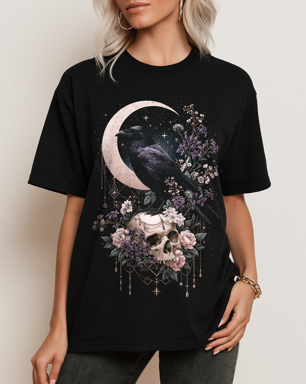 Raven Skull Crescent Moon Floral Women's Relaxed Fit Halloween Tee