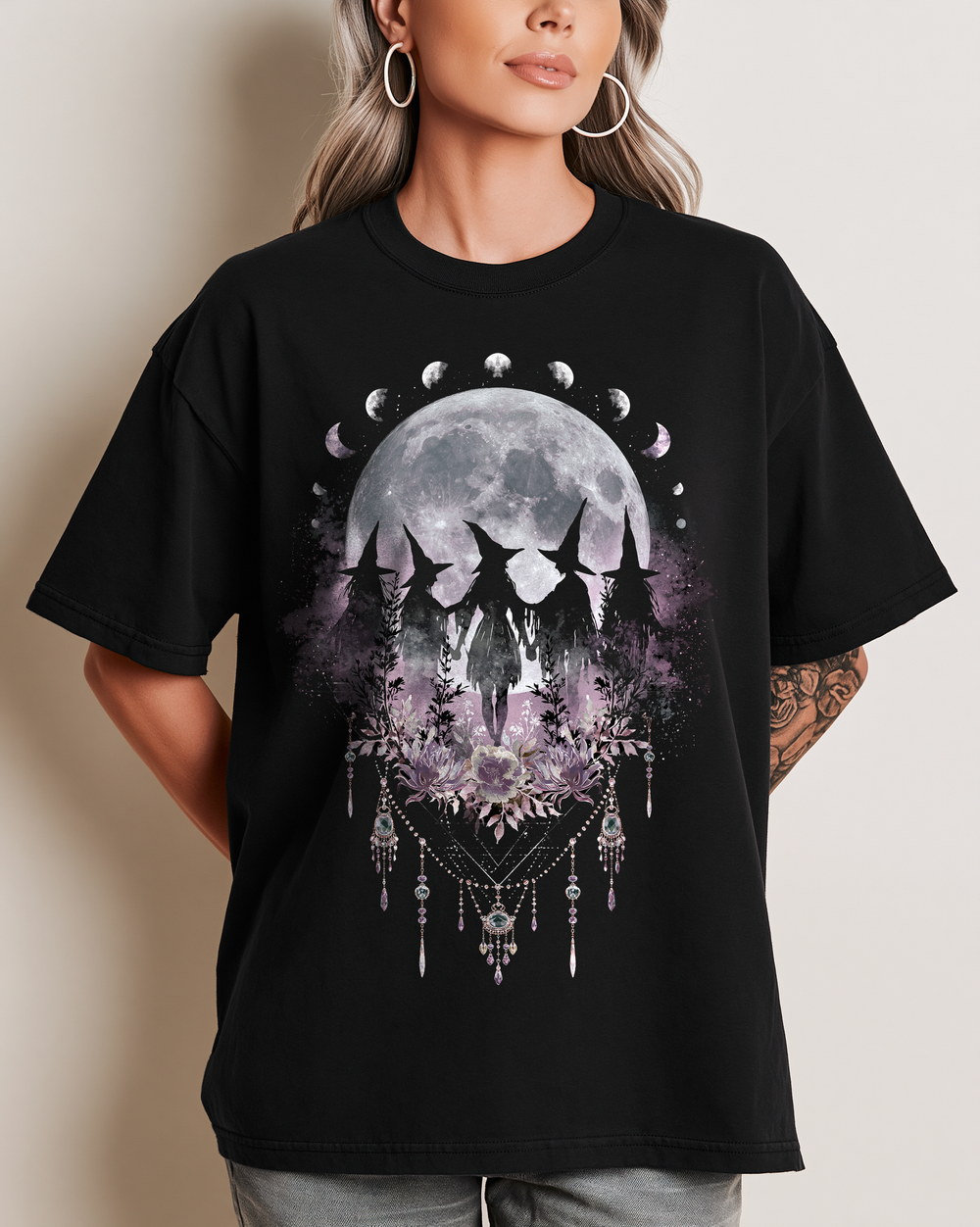 Witches Celestial Moon Phases Floral Women's Relaxed Fit Halloween Tee