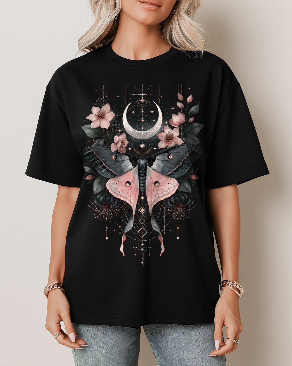 Moon Moth Jeweled Floral Women's Relaxed Fit Halloween Tee