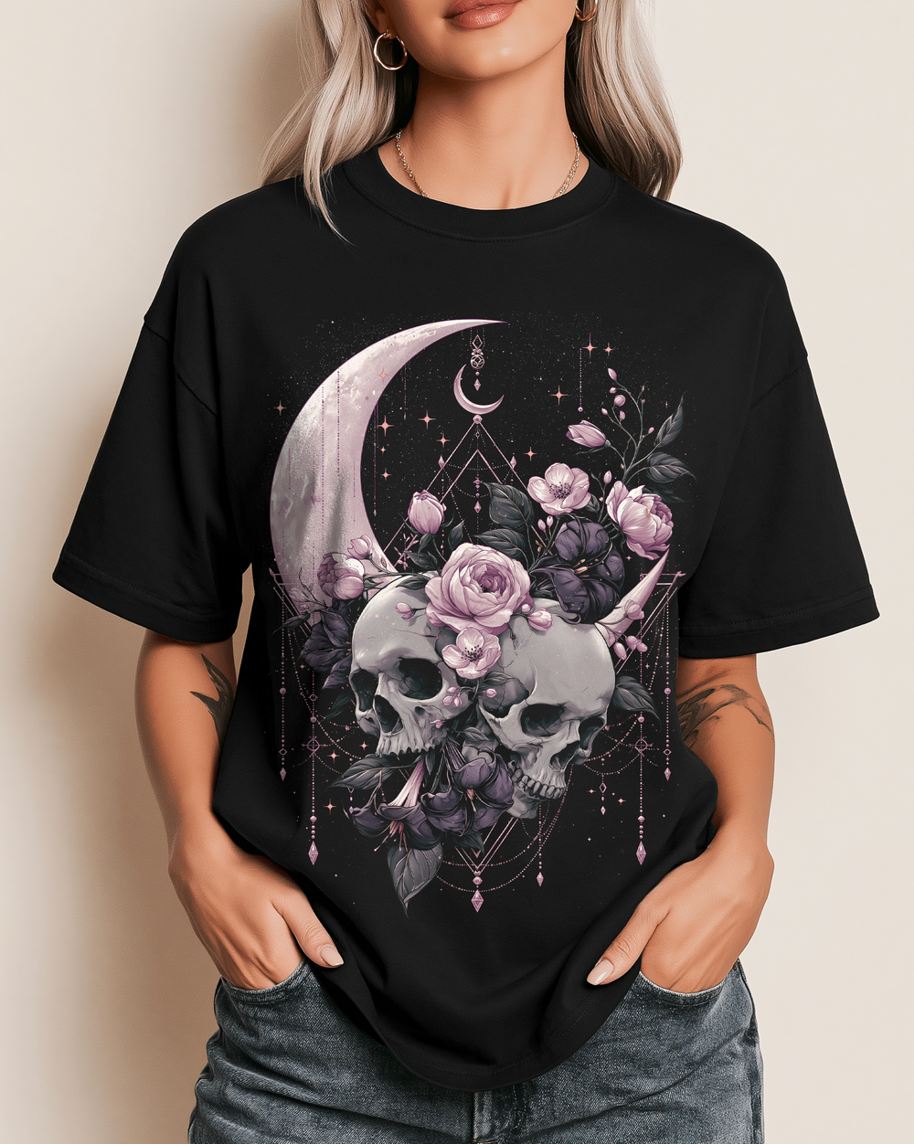 Moon Skull Floral Women's Relaxed Fit Halloween Tee