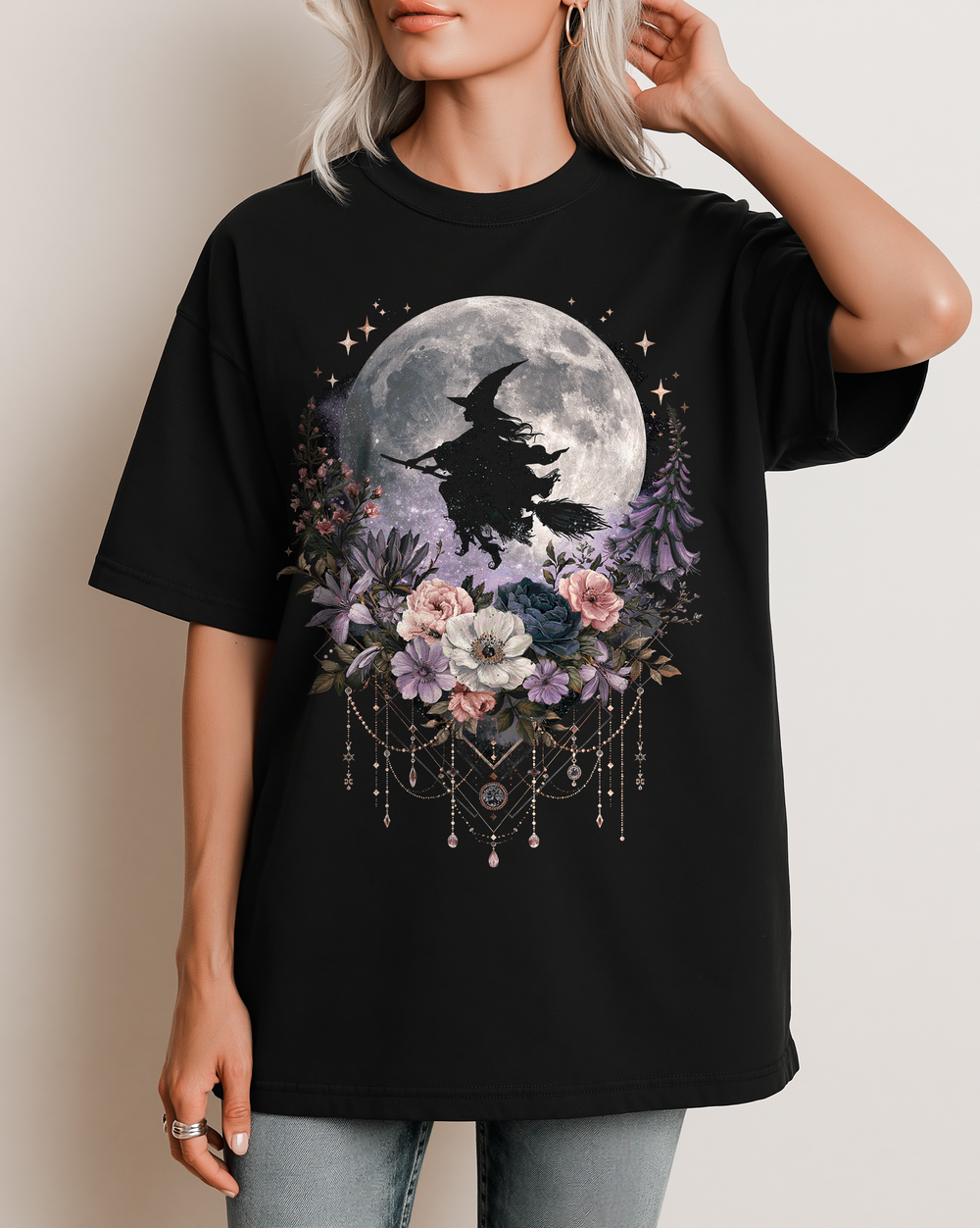 Floral Moonlit Witch Silhouette Women's Relaxed Fit Halloween Tee