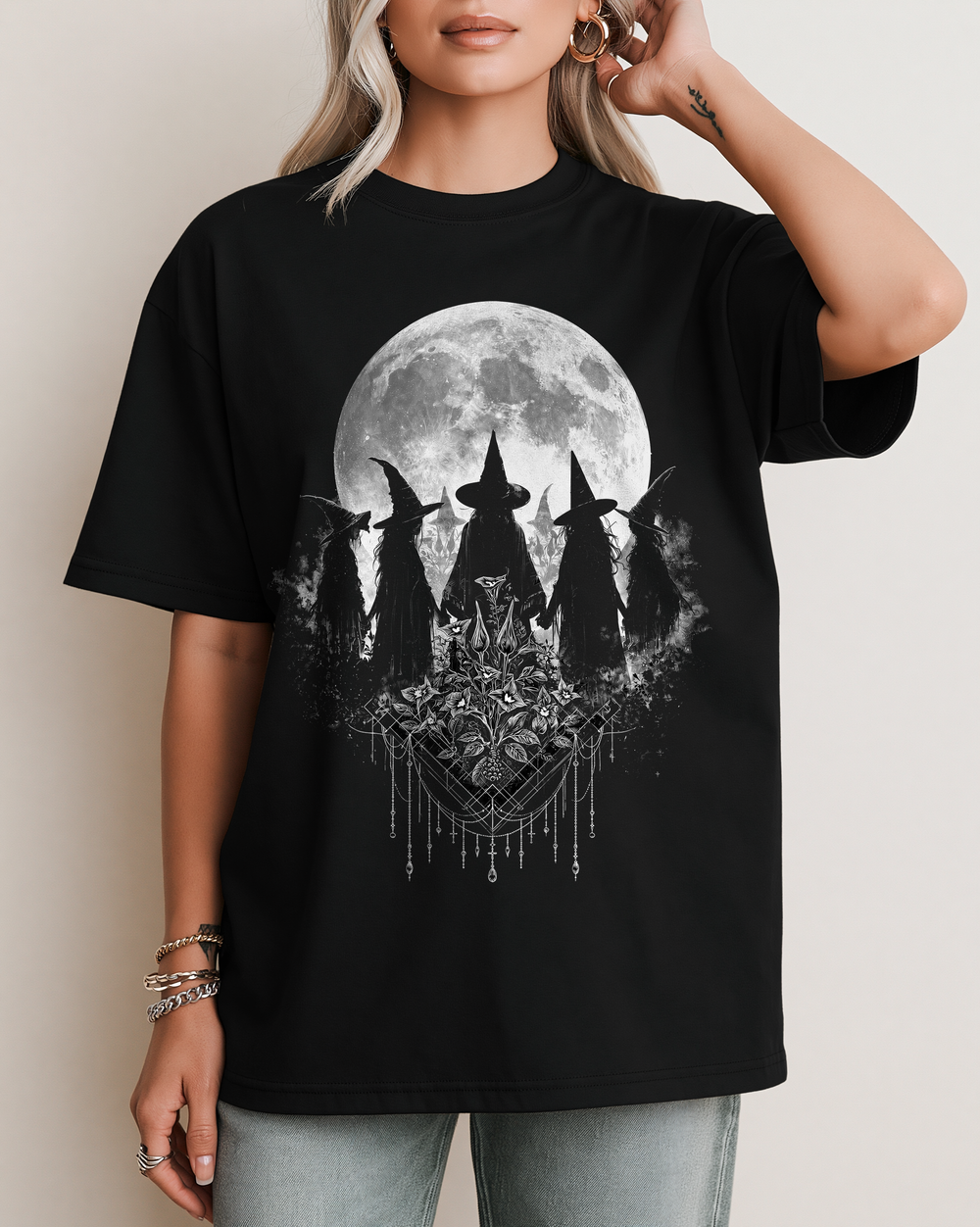 Witches Circle Full Moon Witchcraft Women's Relaxed Fit Halloween Tee