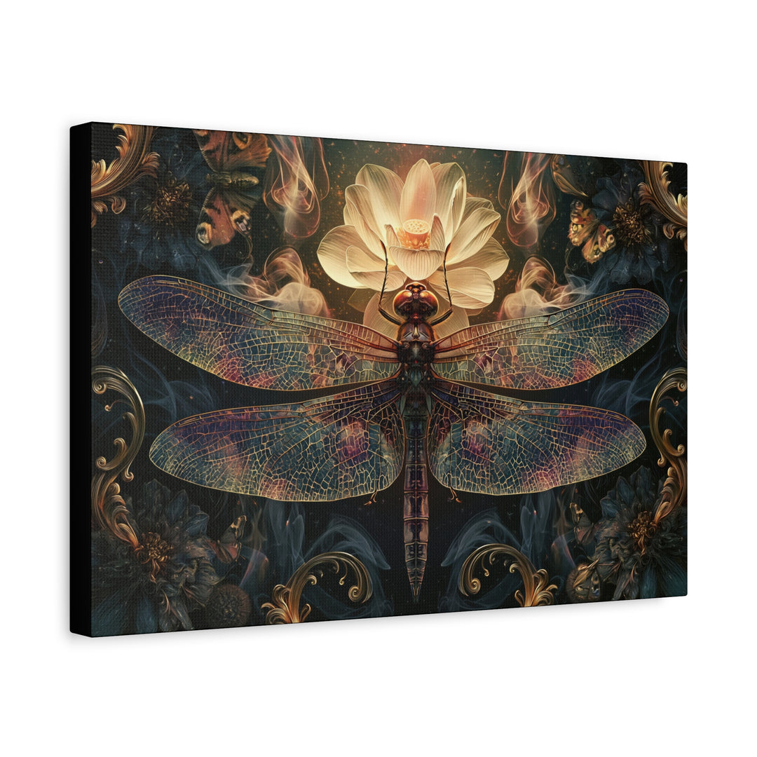 Dragonfly With Glowing Lotus &amp; Flora Canvas Wall Art