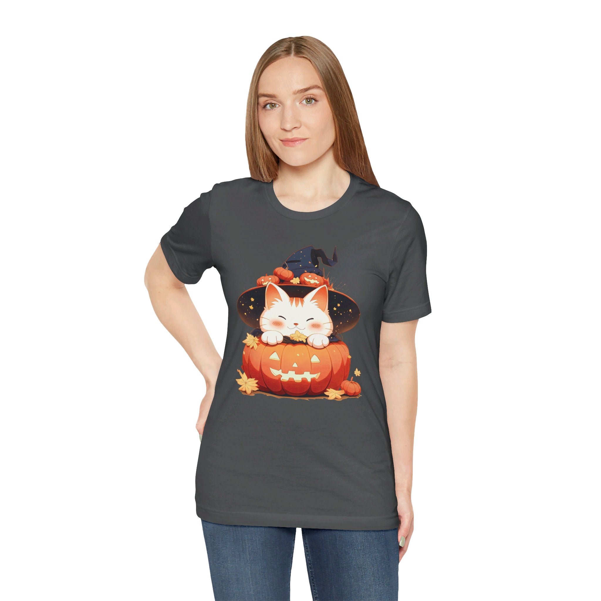 Cute Kitty Pumpkin Witch Womens Halloween Booteek Jersey Short Sleeve Tee