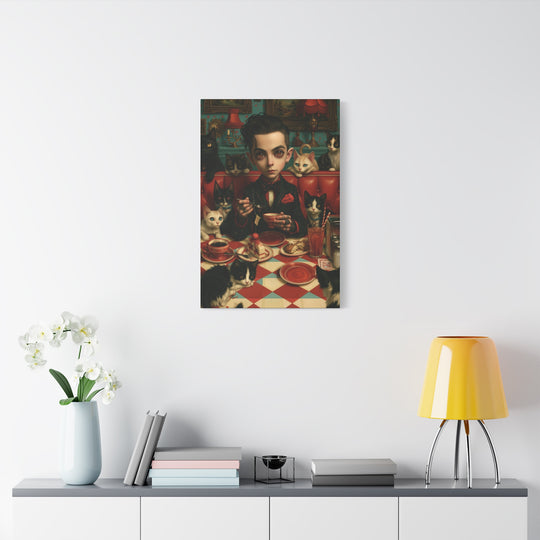 Gothic Boy with Cats Matte Stretched Canvas Wall Art