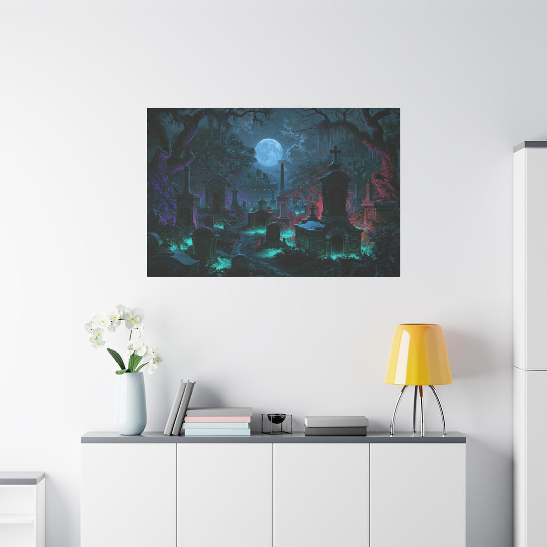 Haunted Crypts Spooky Night Cemetery Print Matte Stretched Canvas Wall Art