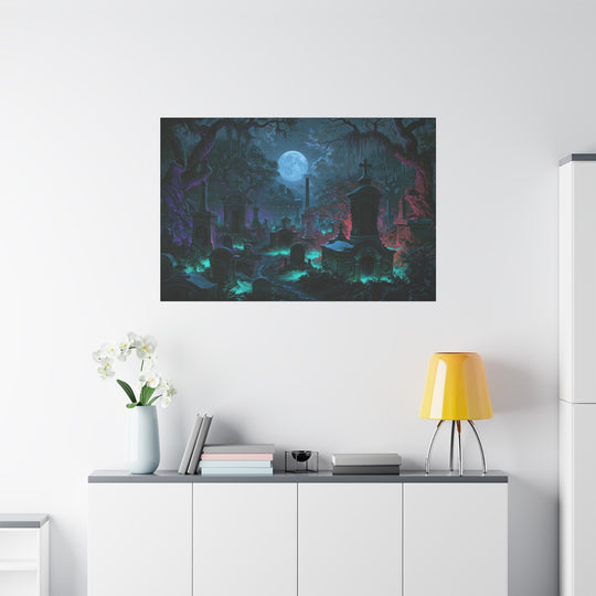 Haunted Crypts Spooky Night Cemetery Print Matte Stretched Canvas Wall Art